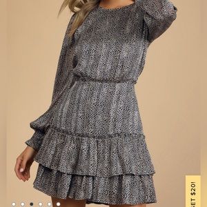 XL. Navy Blue Floral Print Long Sleeve Mini Dress